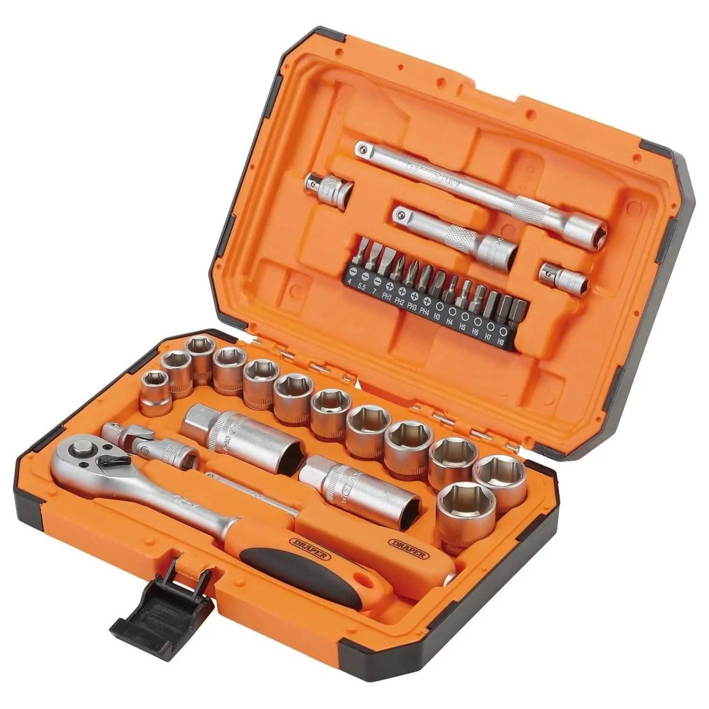 Draper 22110 34 Piece Socket & Bit Set 1/4 & 3/8 Drive 6 Point Chrome Vanadium HI-TORQ® Sockets