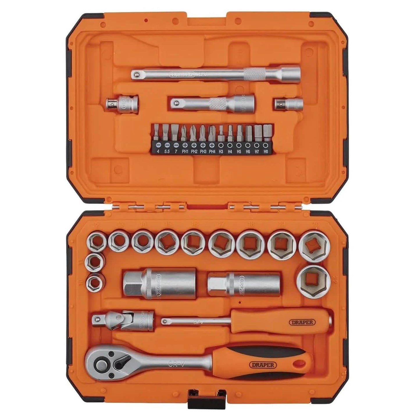 Draper 22110 34 Piece Socket & Bit Set 1/4 & 3/8 Drive 6 Point Chrome Vanadium HI-TORQ® Sockets