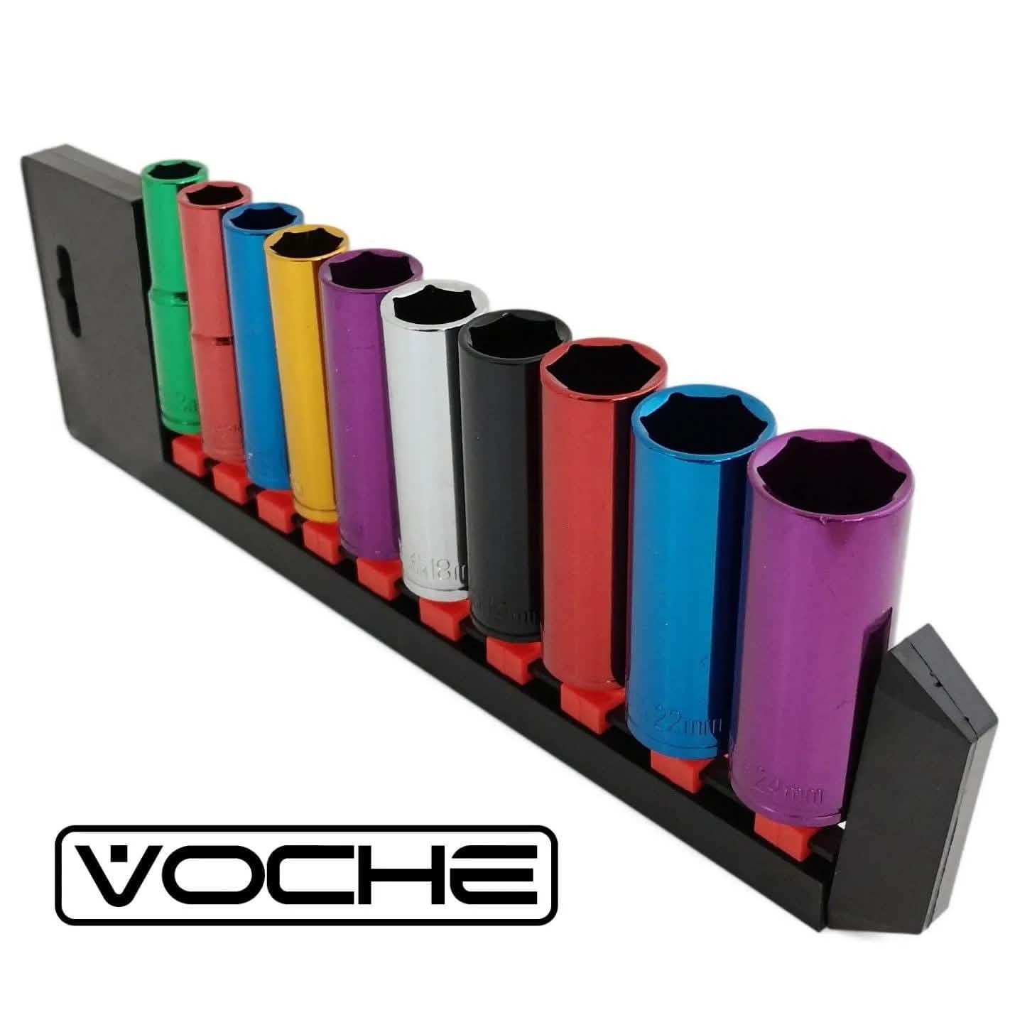 Voche Pro 10 Piece 1/2 Deep Drive Coloured Socket Set With Storage Rail