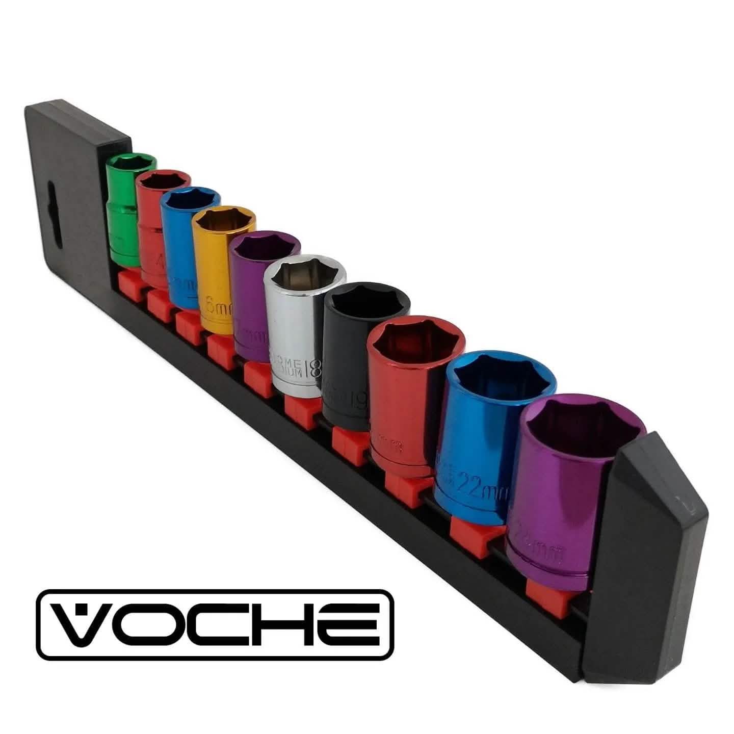 Voche® Pro 10 Piece 1/2 Drive Shallow Coloured Crv Socket Set Plus Storage Rail
