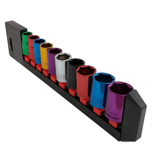 Voche® Pro 10 Piece 1/2 Drive Shallow Coloured Crv Socket Set Plus Storage Rail