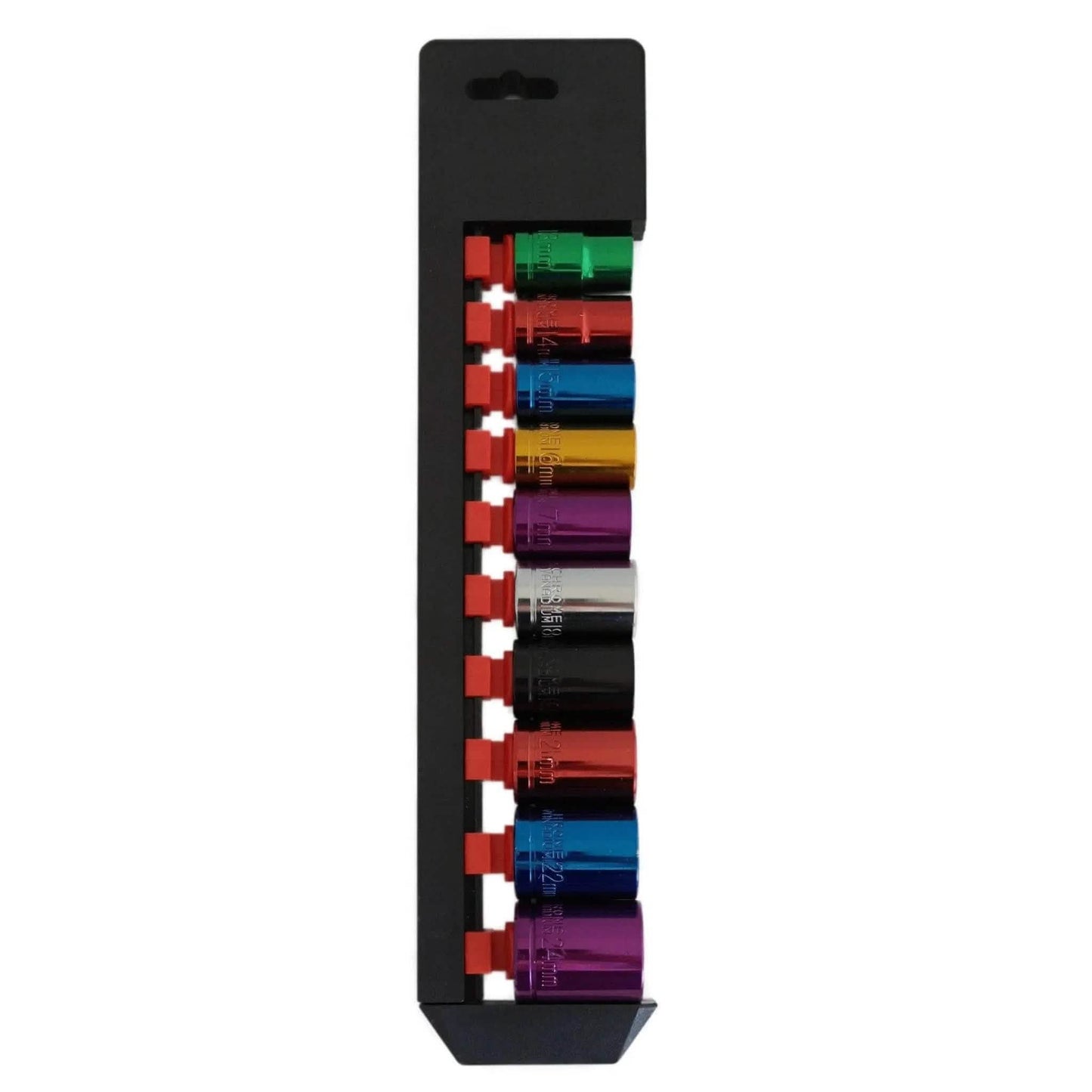 Voche® Pro 10 Piece 1/2 Drive Shallow Coloured Crv Socket Set Plus Storage Rail
