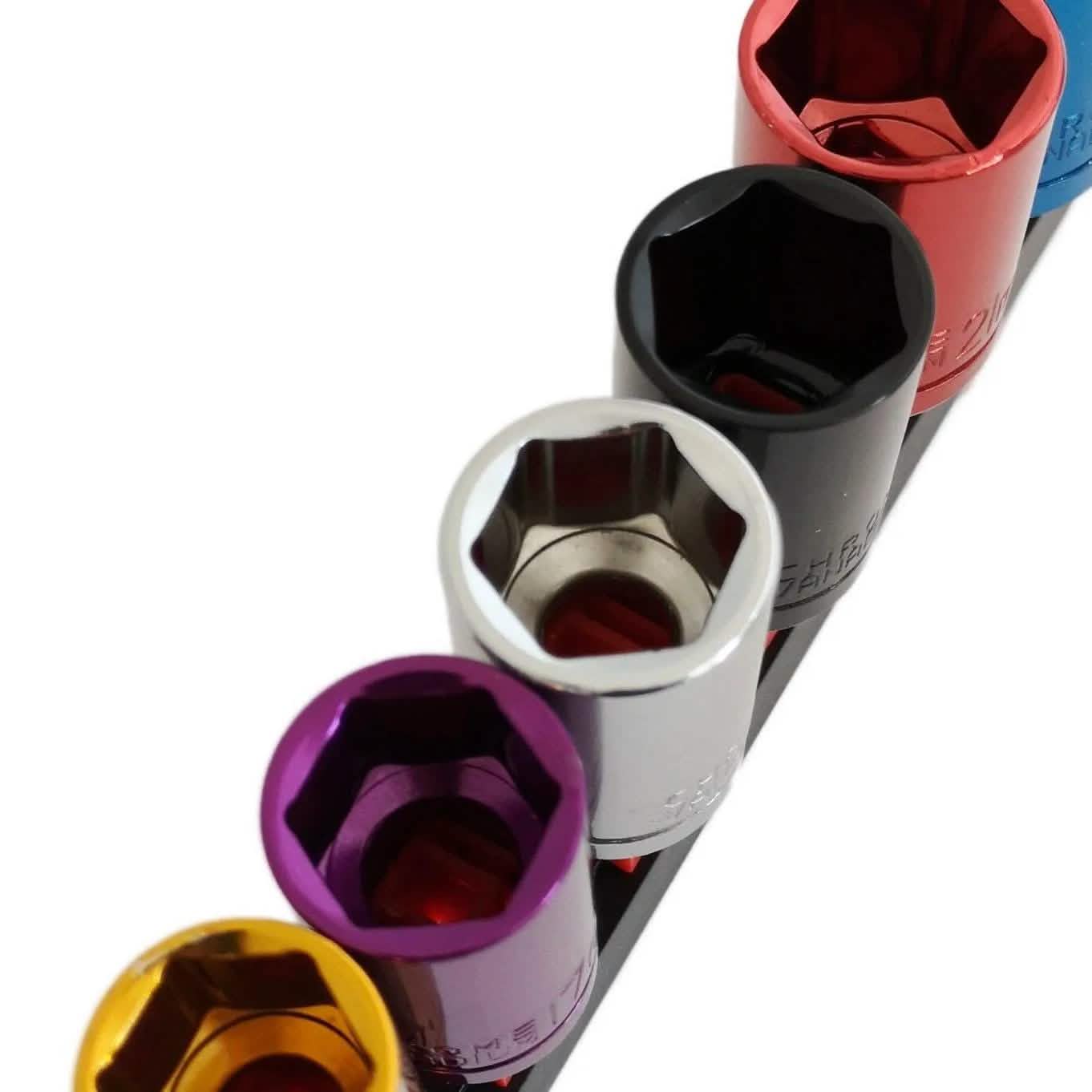 Voche® Pro 10 Piece 1/2 Drive Shallow Coloured Crv Socket Set Plus Storage Rail